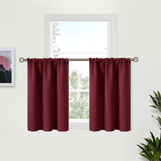 BGment Short Burgundy Blackout Curtains 36 Inches Length for Kitchen Window Over Sink - Half Window Drapes with Rod Pocket Privacy for Cafe Bathroom, 34 x 36 Inch, 2 Panels