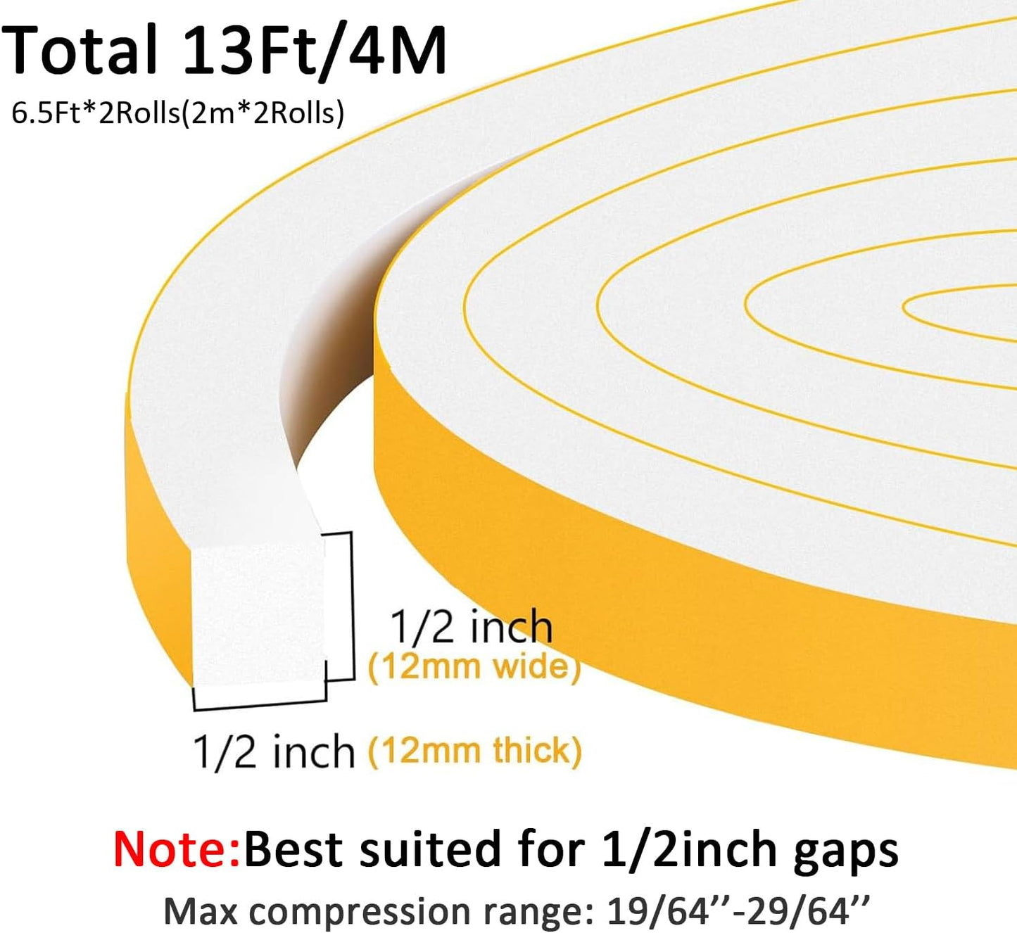 Strong Adhesive Door Weather Stripping, High Density Weather Stripping for Door, Soundproof Weatherproof Window Insulation Tape, Self Adhesive Foam Gasket Tape, White (1/2 in x 1/2 in x 13Ft)