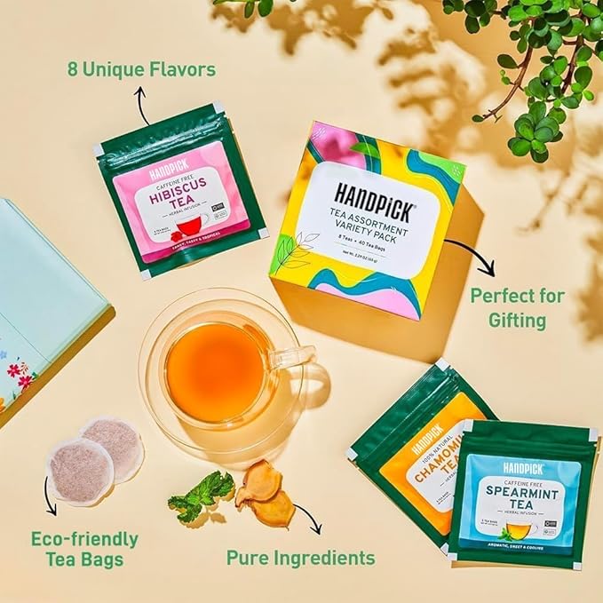 HANDPICK, Tea Bags Sampler Assortment Variety pack Gift Box 8 Flavors, 40 Tea Bags - Perfect Variety | English Breakfast, Green, Black, Herbal & More | Gifts for Him/Her