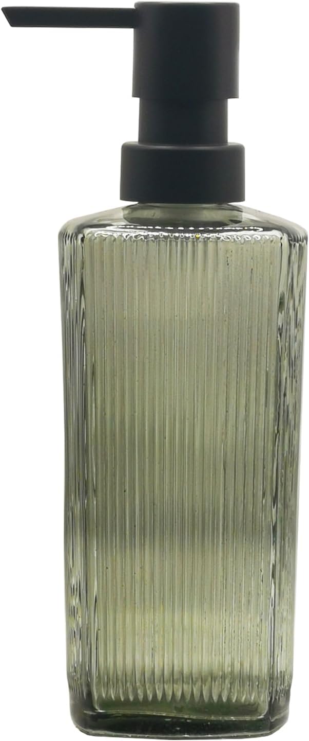 Green Glass Soap Dispenser with Black Pump, 12oz Refillable Liquid Hand Dispenser, Lotion Dish Soap Dispenser for Modern Home Decor, Bathroom, Kitchen Countertop, Hotel