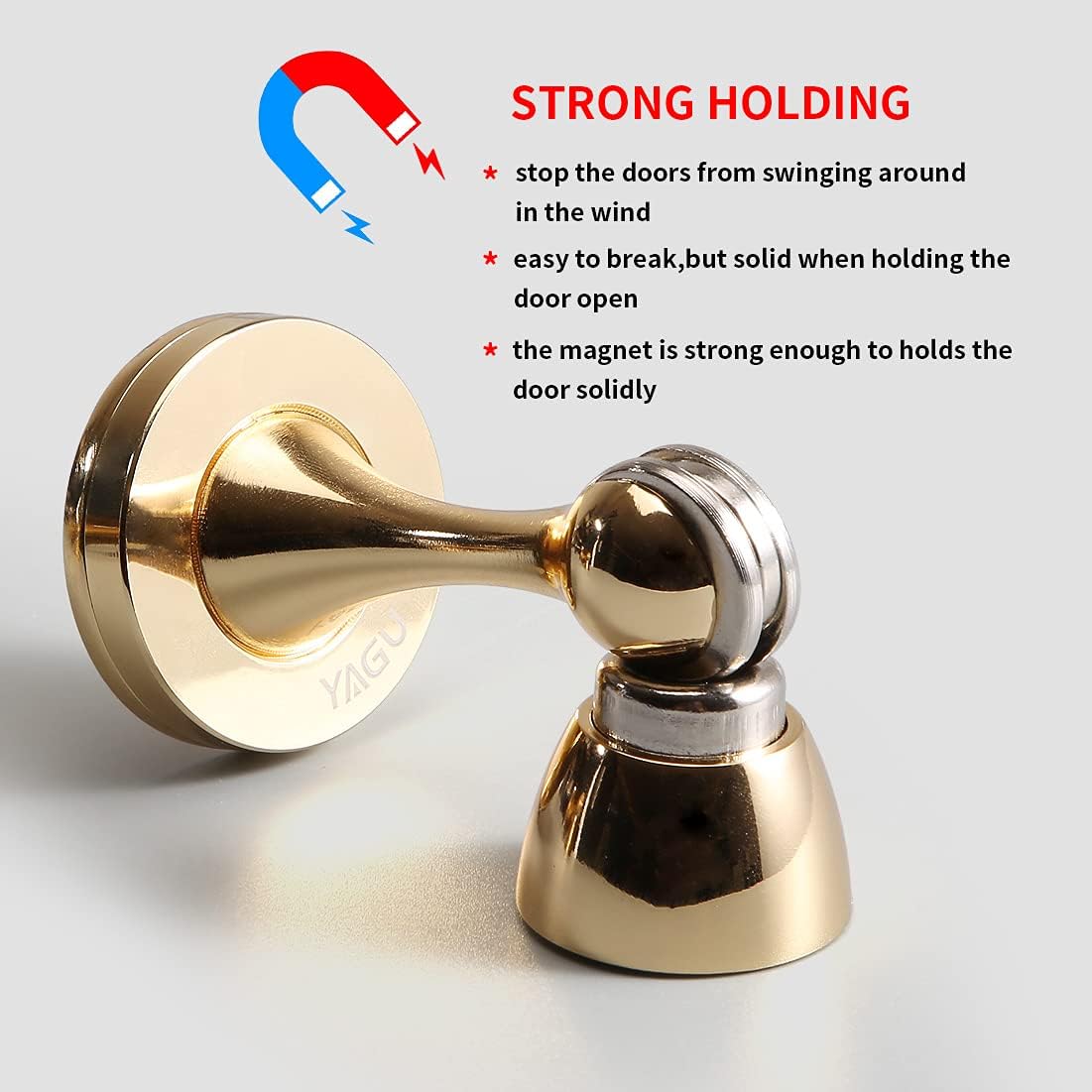 YAGU 2 Pack Magnetic Door Stoppers Holder, Zinc Alloy Bright Gold Door Stops Catch Wall Floor Mounted, Magnet Metal Soft-Catch