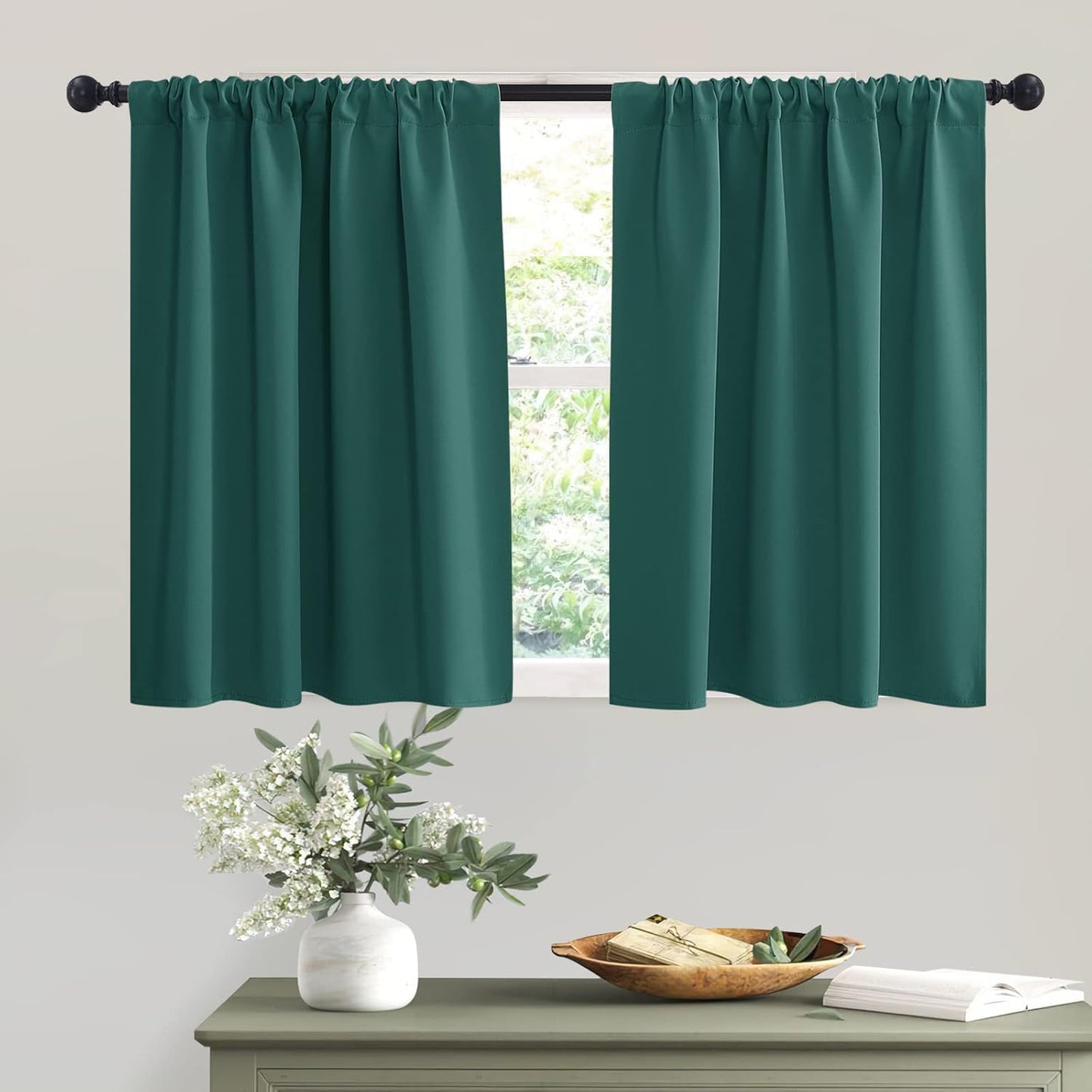 RYB HOME Blackout Curtains for Bathroom - Solid Light Block Blinds Privacy Light Block Drapes for Kitchen Cabinet Kids Nursery Bedroom Laundry Cafe Window Decor, W 42 x L 36, Hunter Green, 1 Pair