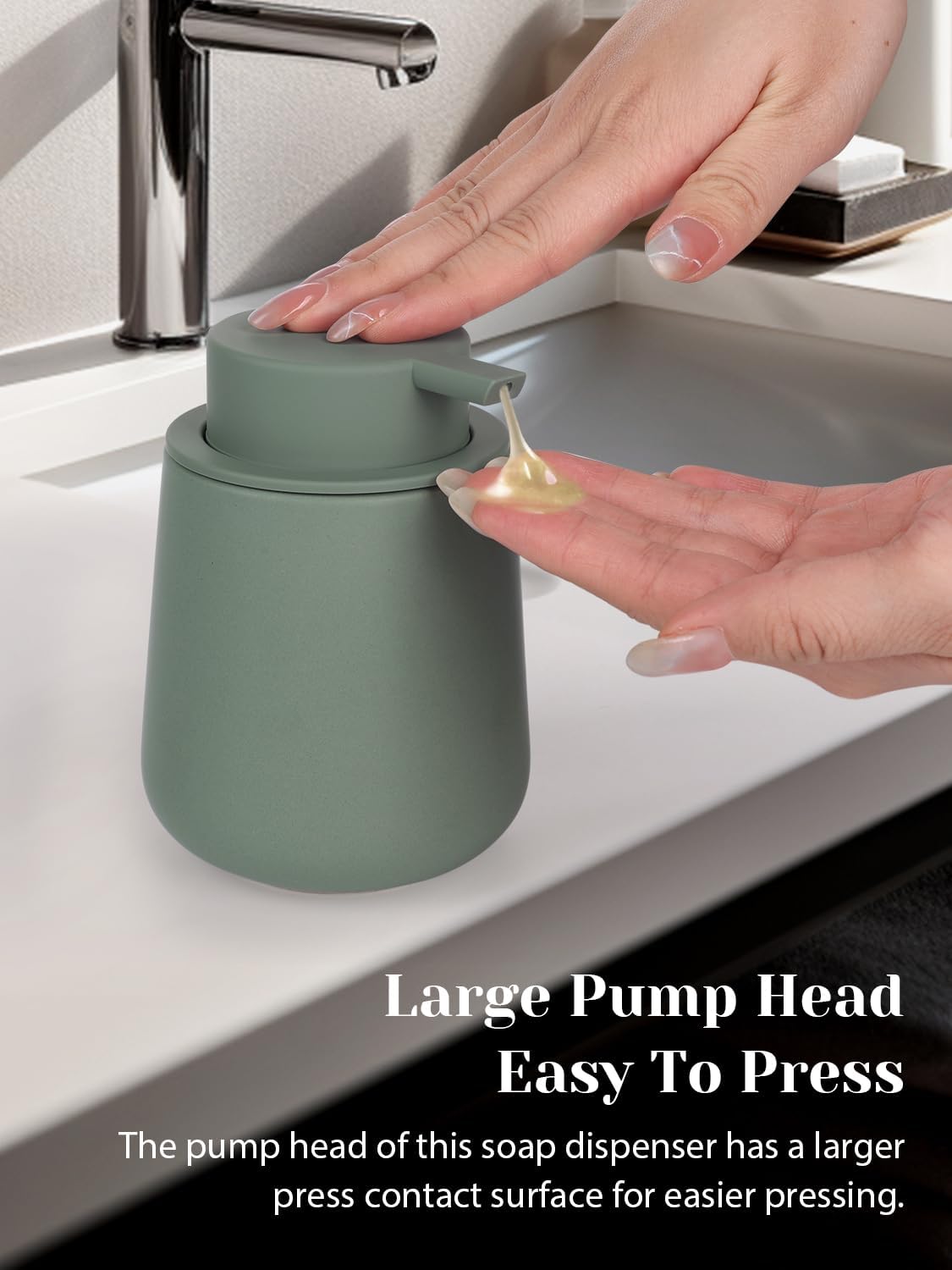 INGOFIN Ceramic Lotion Dispenser - 12oz Refillable Hand Soap Dispenser Bathroom, Modern Liquid Dispenser with Pump, Dish Dispenser for Kitchen, Matte Green
