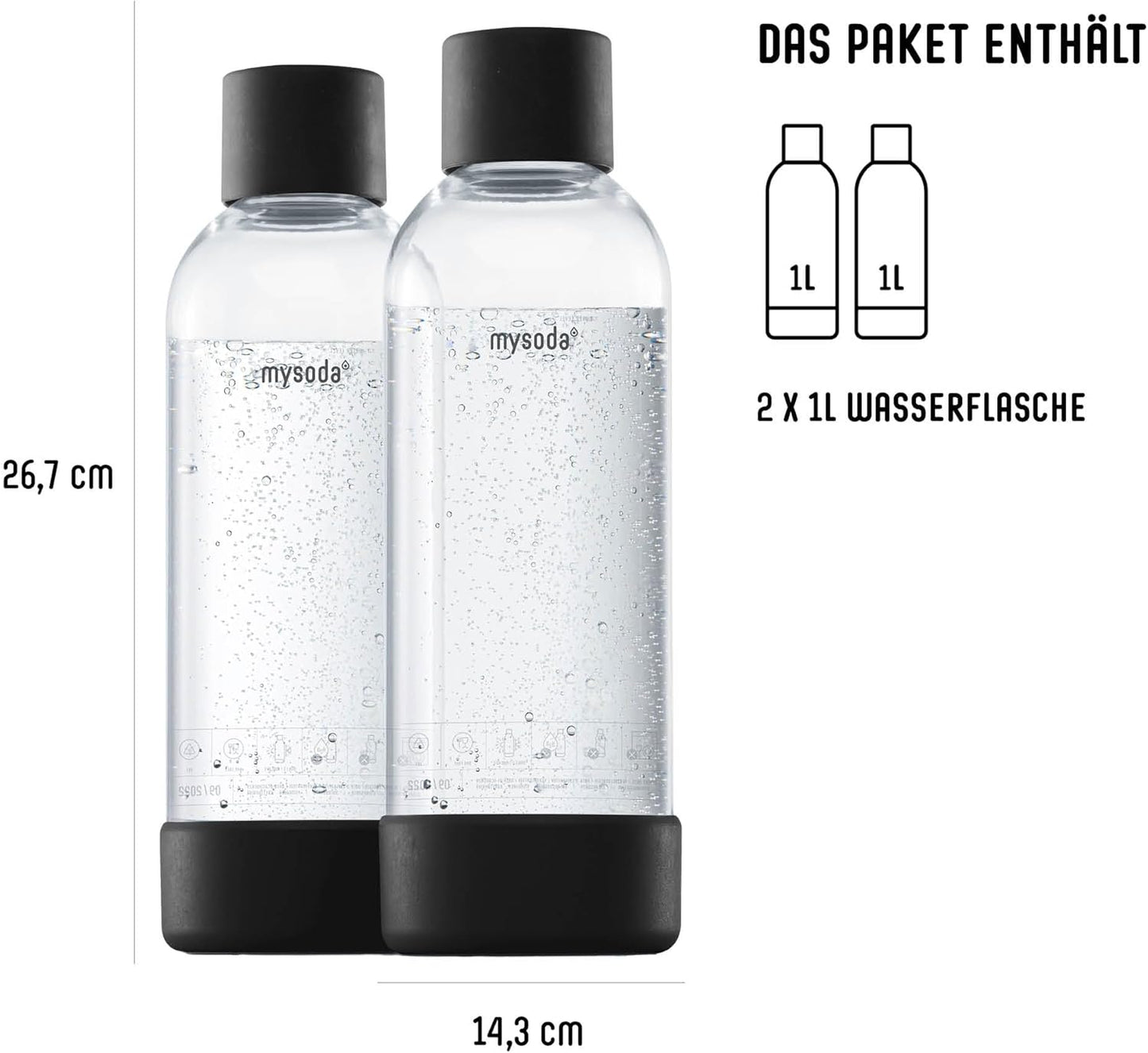Mysoda Carbonating Bottles 2Pck 1L - Compatible with MySoda and any brands - Lid and Base Made of Wood Composite - Quick-Lock Reusable Bottles - BPA Free - Black