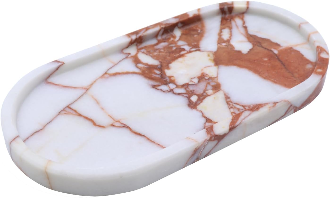 Natural Marble Tray, Oval Vanity Decorative Tray for Bathroom Counter, Countertop Stone Organizer, Catchall Tray for Kitchen, Perfume, Candles, Jewelry Dish Decorative Tray