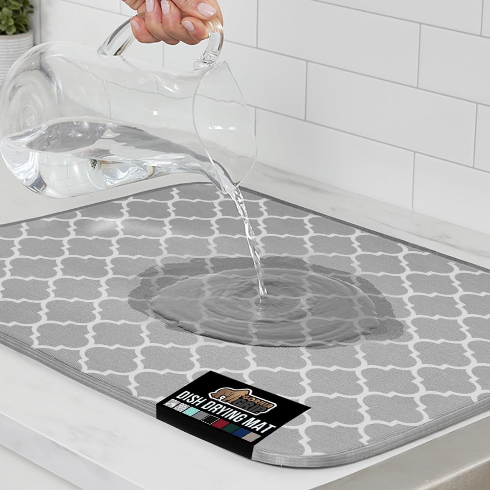 GORILLA GRIP Ultra Water Absorbent Microfiber Dish Drying Mat, 18x24, Quick Dry Thick Mesh, Slip Resistant Pad for Sink Dishes or Under Rack, Kitchen Counter Accessories, Machine Wash Mats, Quatrefoil