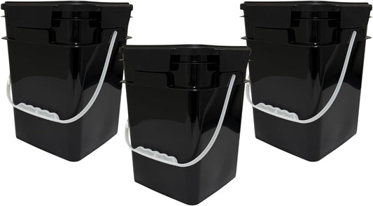 House Naturals 4 Gallon Square Food Grade Bucket Pail with Plastic Handles and Lid (Pack of 3) Made in USA containers (Black)