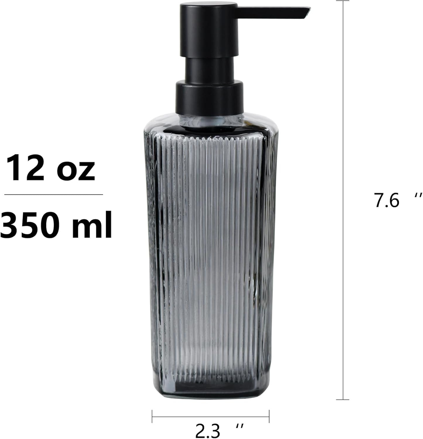 12 oz Glass Soap Dispenser with Vertical Stripe with Black Plastic Rustproof Pump, Small Refillable Soap Dispenser for Kitchen and Bathroom (Grey)