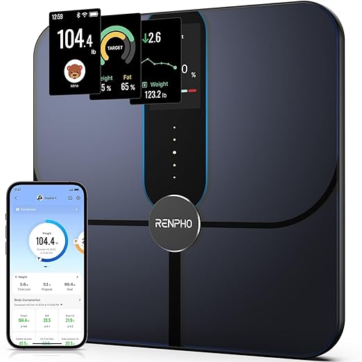 RENPHO Smart Scale for Body Weight Fat, Digital Bathroom Scale with Color Display, Wi-Fi & Bluetooth Fitness Equipment for BMI Muscle Mass Composition, Rechargeable, Elis Nova