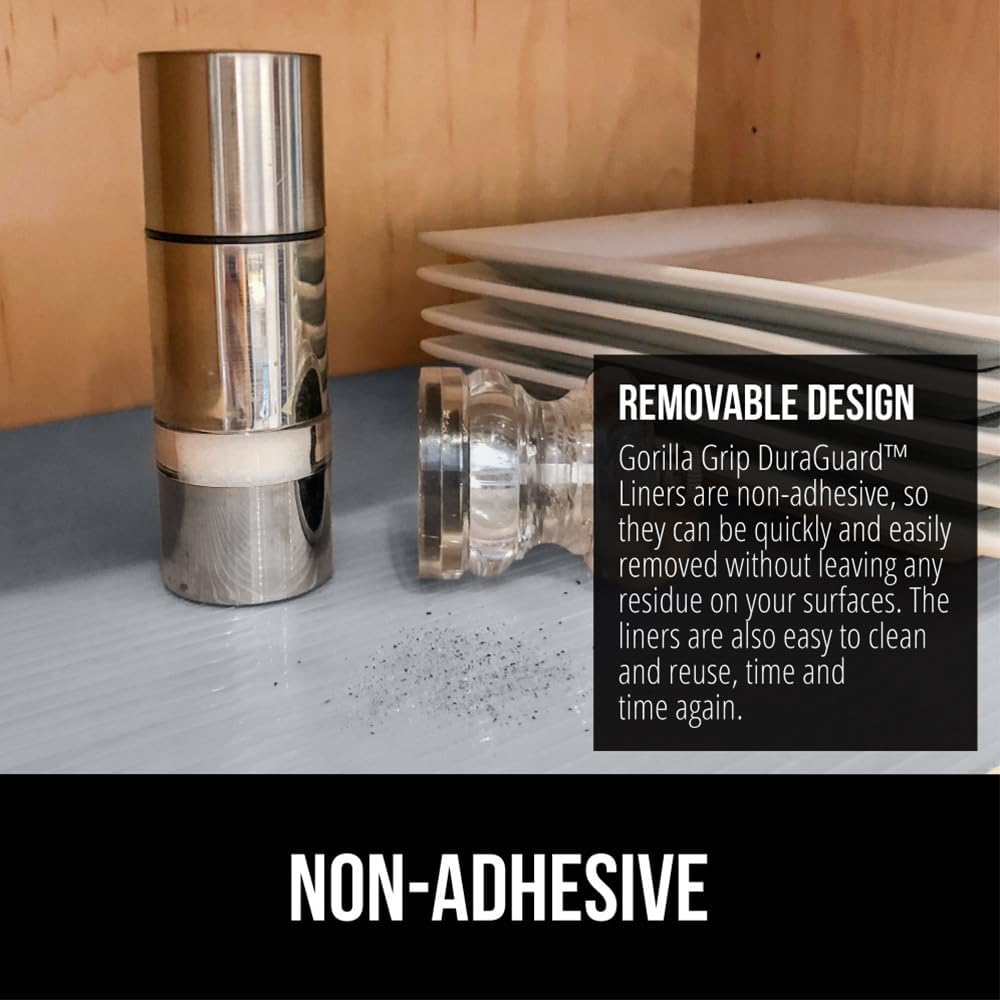 GORILLA GRIP DuraGuard Shelf Liner, Non-Adhesive Cabinet Liners for Kitchen Drawers, Shelves, Refrigerator, Pantry Storage, Bathroom Closet, Durable Waterproof BPA Free Ribbed Plastic, 17.5x10 Gray