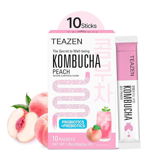TEAZEN Peach Kombucha Tea, Hydration Drink Mix, Sugar Free, Live Probiotics & Prebiotics, 10 Sticks, 1.76oz