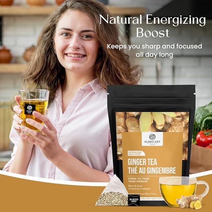 Blendart Ginger Tea Bags, 100 Teabags, 2g/bag - 100% Pure Ginger Root Tea Bag - Warm & Spicy Caffeine Free Ayurvedic Herbal Tea - Support Digestion & Boost Immunity Pyramid Teabags