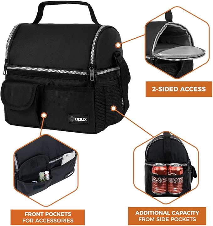 opux Lunch Box for Men, Adult Lunch Box Cooler, Insulated Lunch Bag Women, Dual Compartment Lunchbox for Work, Leakproof Double Decker Lunch Bag, Soft Lunch Pail Tote Boys Girls Kids School, Black