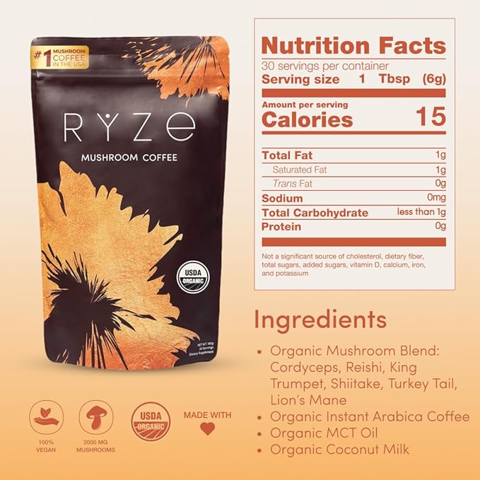 RYZE SUPERFOODS Mushroom Coffee Starter Kit, USDA Organic Instant Coffee with 6 Adaptogenic Mushrooms and MCT Oil for Better Energy, Focus, Digestion, Immunity with Lions Mane & Turkey Tail 60 serving