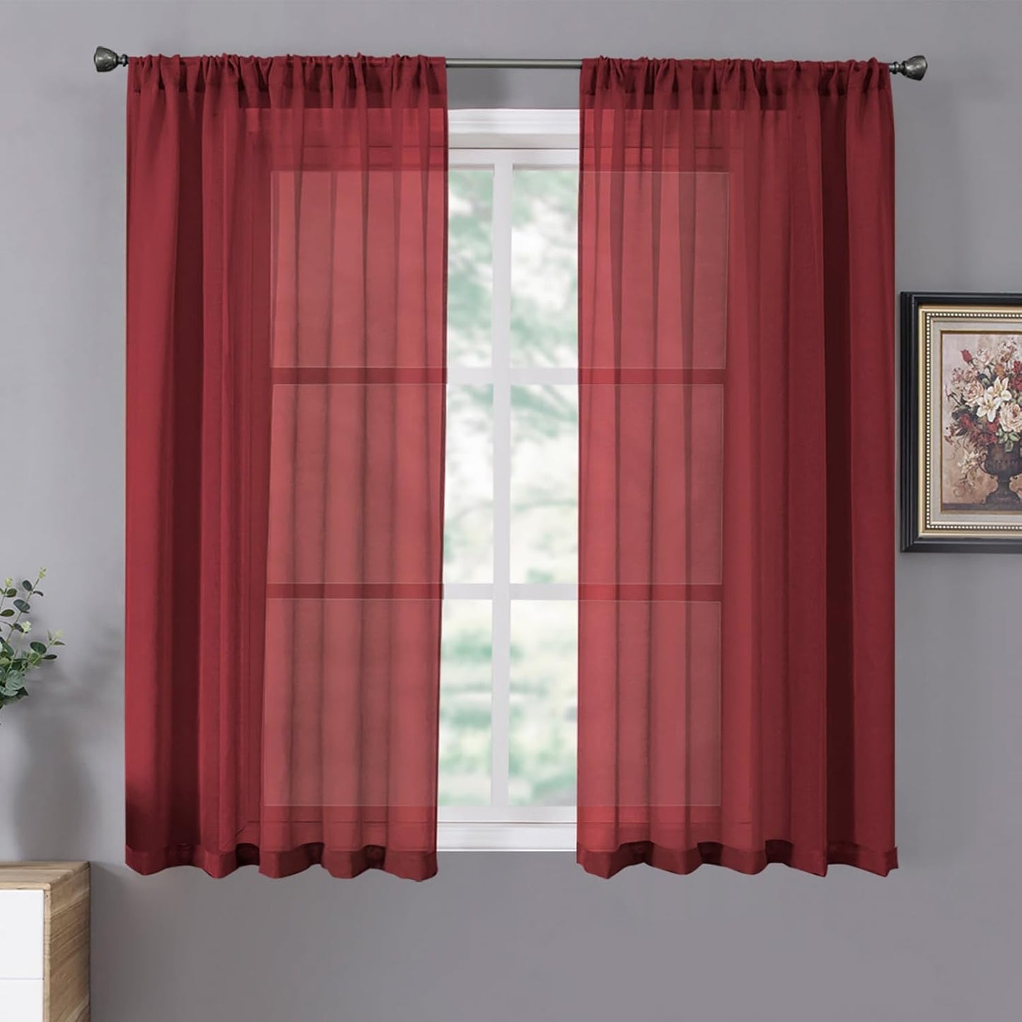 Tollpiz Sheer Curtains Linen Textured Bedroom Curtain Sheers Light Filtering Rod Pocket Voile Curtains for Living Room, 54 x 63 inches Long, Burgundy Red, Set of 2 Panels