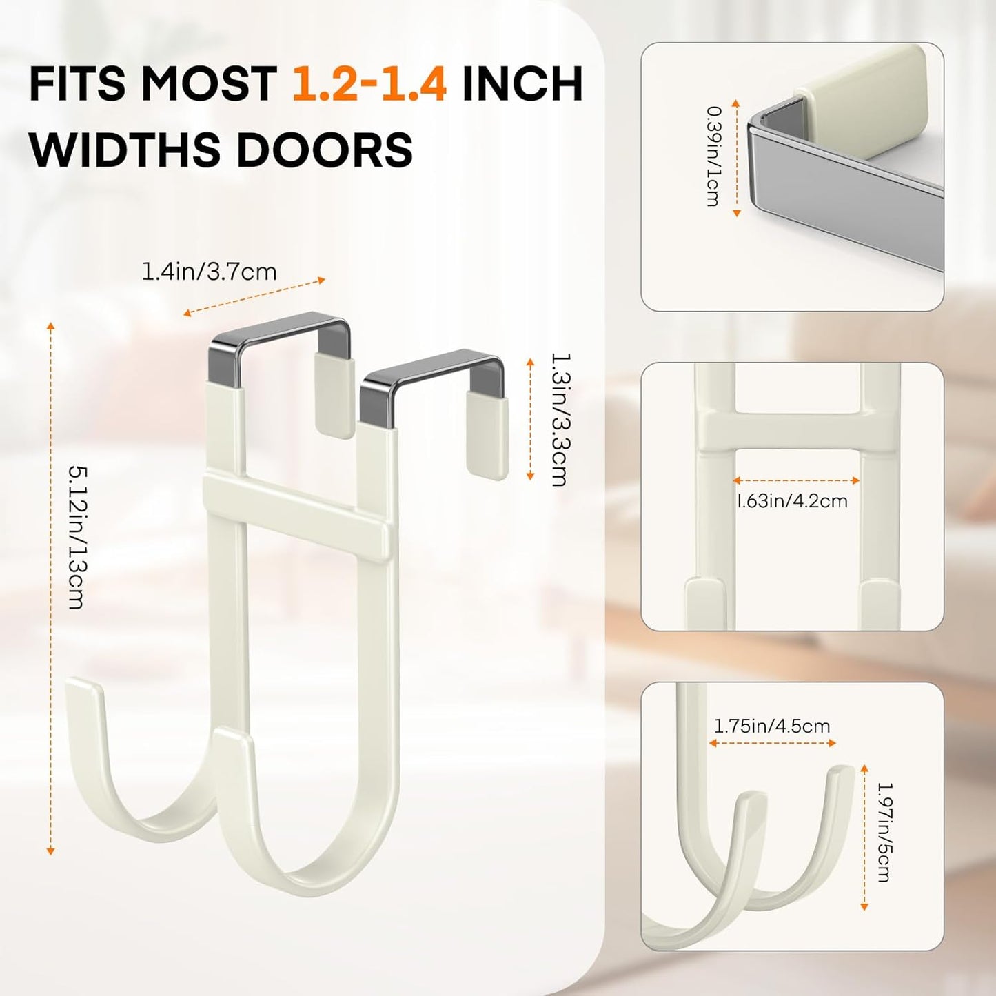 FYY Over The Door Hooks - 4 Pack Heavy Duty Dual-Hook Organizer Hanger with Non-Slip Rubber for Towels, Clothes, Hats & Bags Use in Bathroom, Bedroom, Kitchen - Fits Interior Doors Up to 1 3/8" Beige