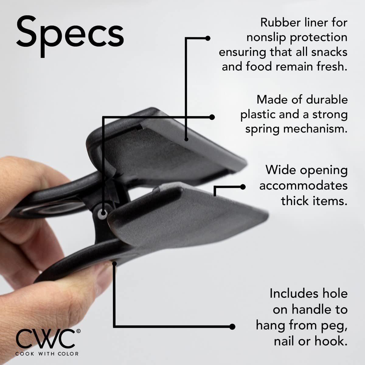 COOK WITH COLOR Bag Clips - Heavy Duty Chip Clip and Refrigerator Magnet Clips for Food Storage with Air Tight Seal Grip, Black, Pack of 4 Large Clips