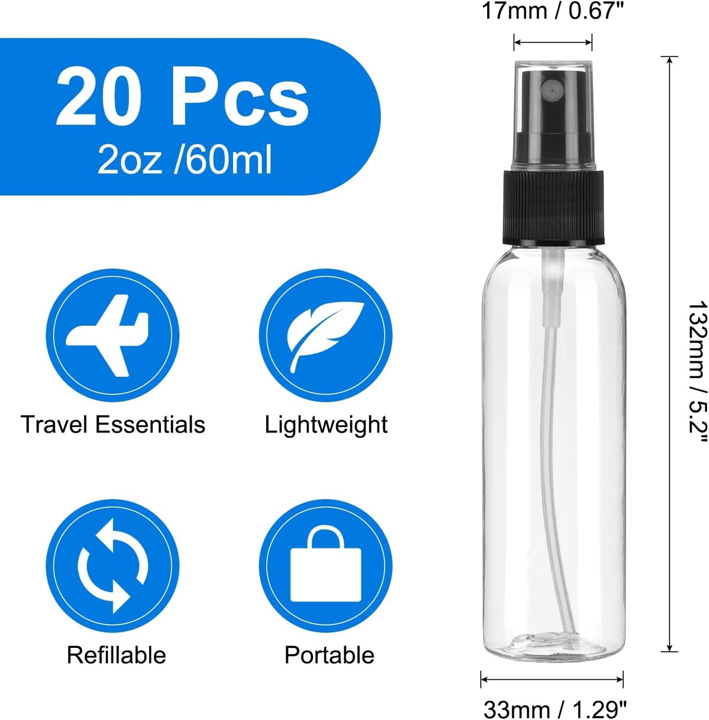 uxcell 20 Pack Spray Bottles, 2 Oz/60ML Clear Empty Mist Plastic Mini Travel Bottle Set,Small Refillable Liquid Containers for Household Use, Essential Oil, Cleaning (Transparent Black)