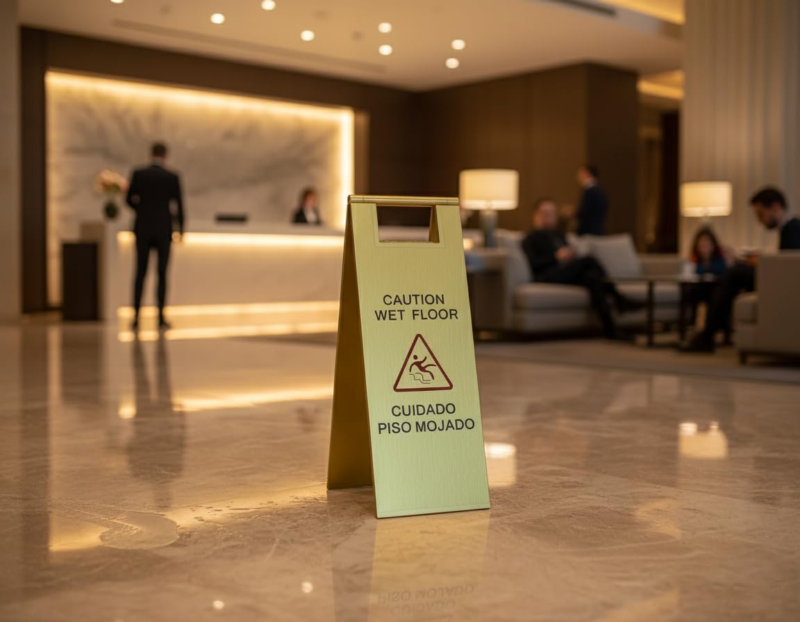 2 Pcs Wet Floor Sign, 24 Inch Gold Stainless Steel Caution Wet Floor Sign Double Sided Foldable Bilingual Commercial Safety Warning for Hotel Market Restroom Restaurant Office