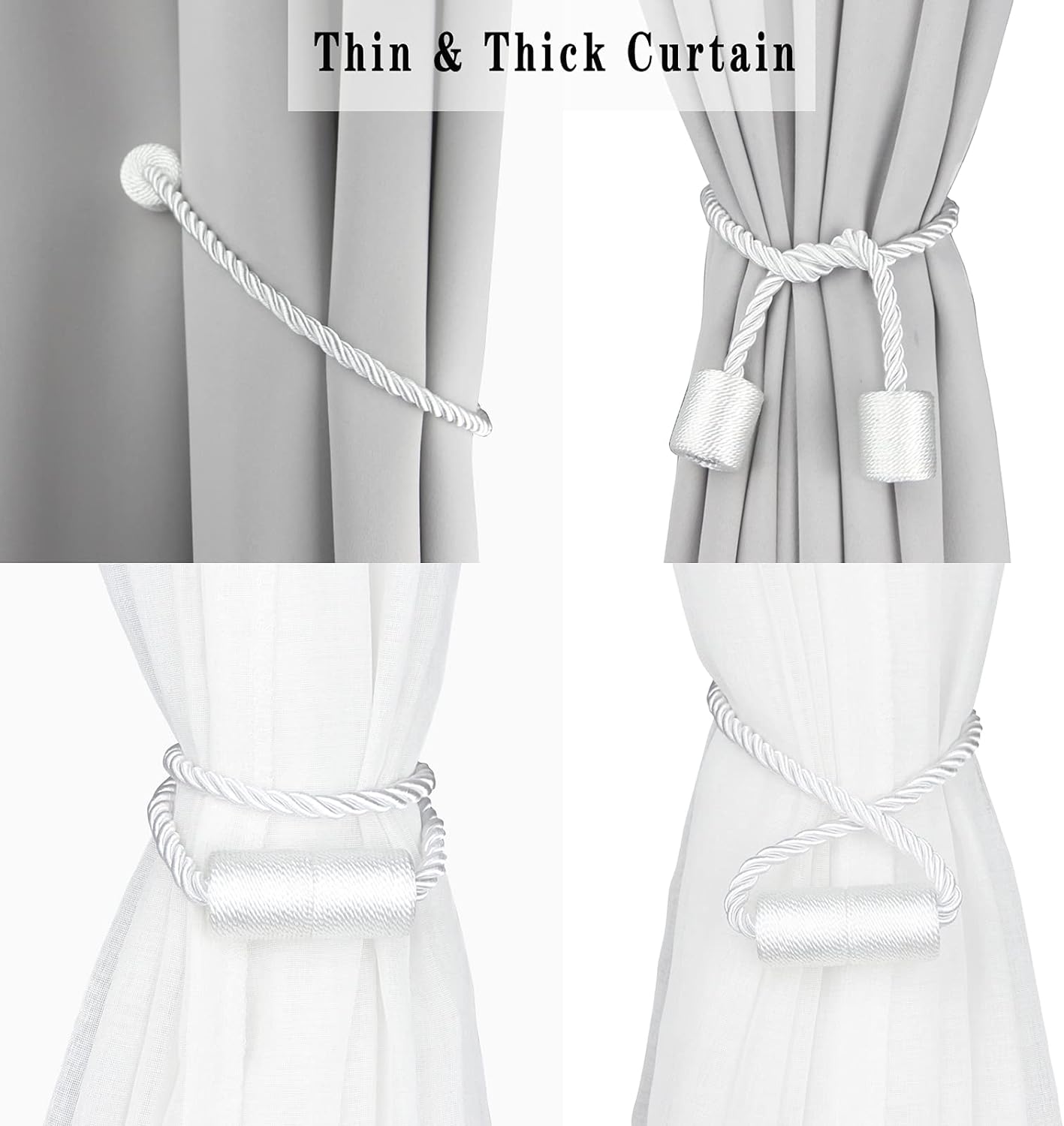 4 Pack White Strong Magnetic Curtain Tiebacks Outdoor Elegant Decorative Tie Backs Modern Rope Tiebacks for Drapes Window Curtain Holdbacks for Draperies