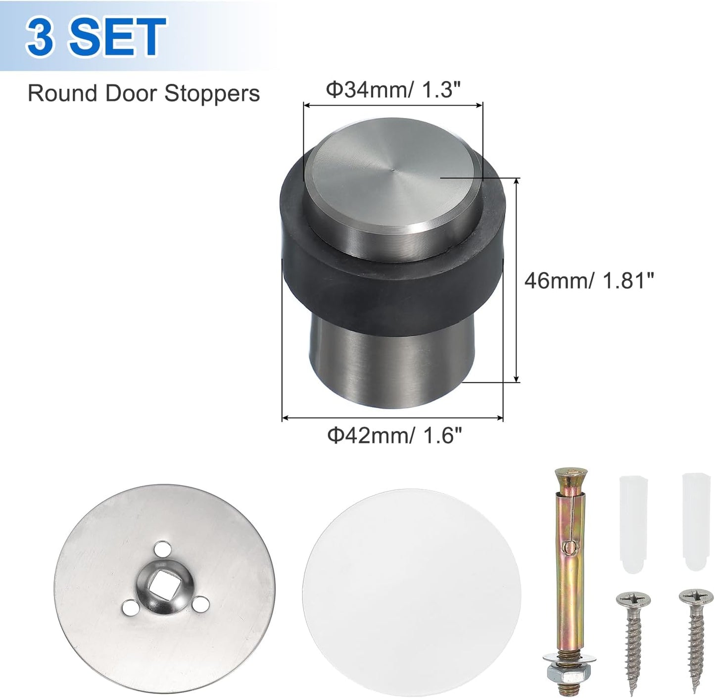 PATIKIL 3Set Round Door Stoppers, 46mm Stainless Steel Door Stop Doorstop Wedge Metal Cylinder Self Adhesive with Screw for Bottom of Door Floor Inside, Gray