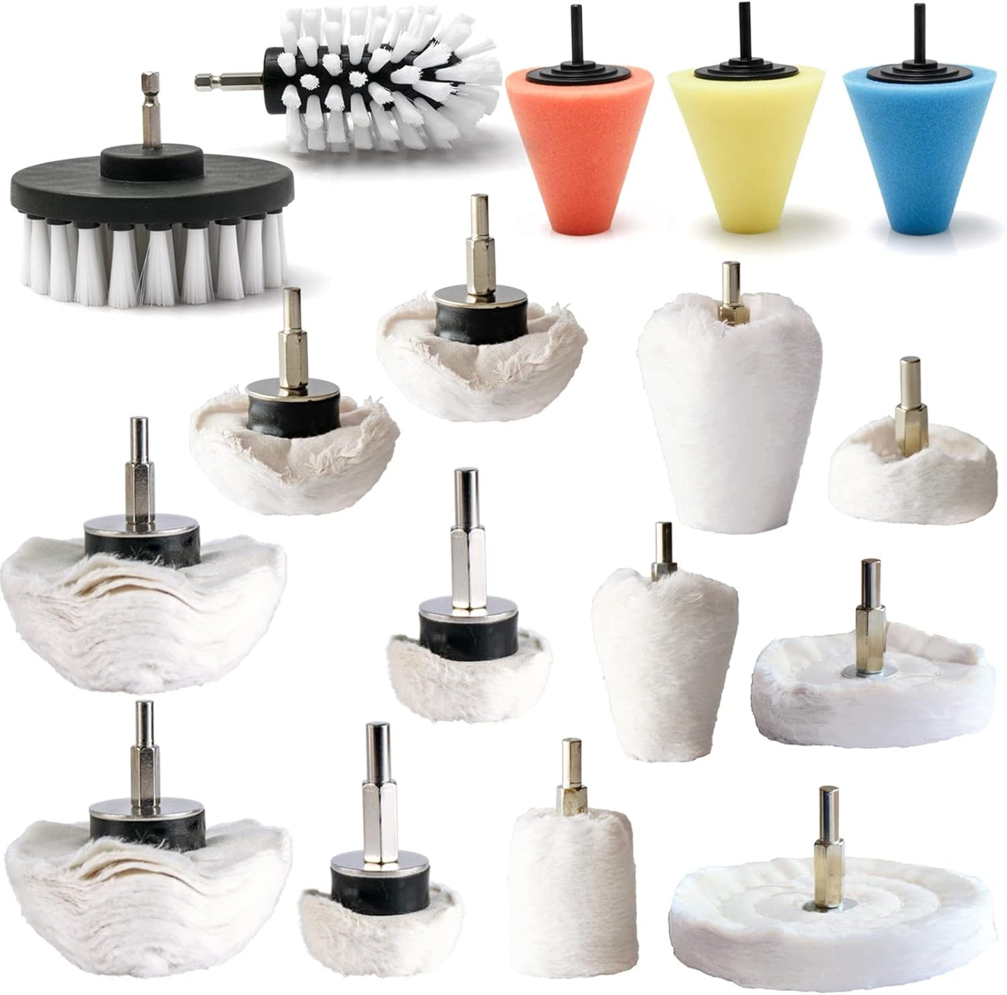 Polishing Pad Buffing Wheel Kit 17 Pack, for Drill for Metal Aluminum Stainless Steel Chrome Wood Plastic Ceramic Glass Woods Fabric Cotton Machine Jewelry etc