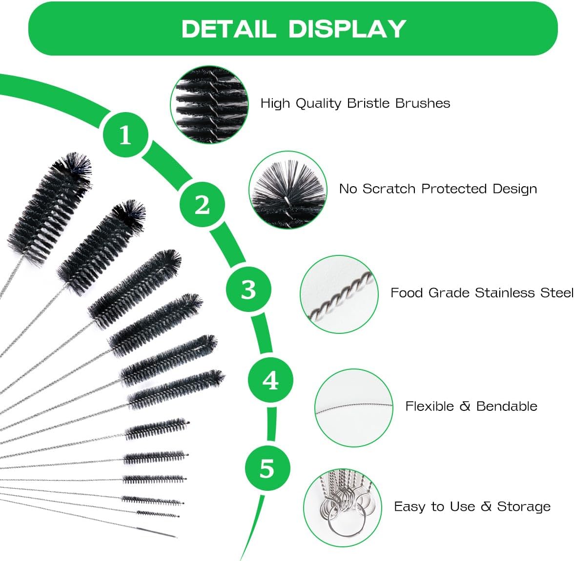 Straw Cleaner Brush Set,12 Pieces Extra Long Pipe Water Bottle Brushes for Cleaning Reusable Drinking Straws,Bird Feeders,Pipes,Black (12pcs Different diameters Set)