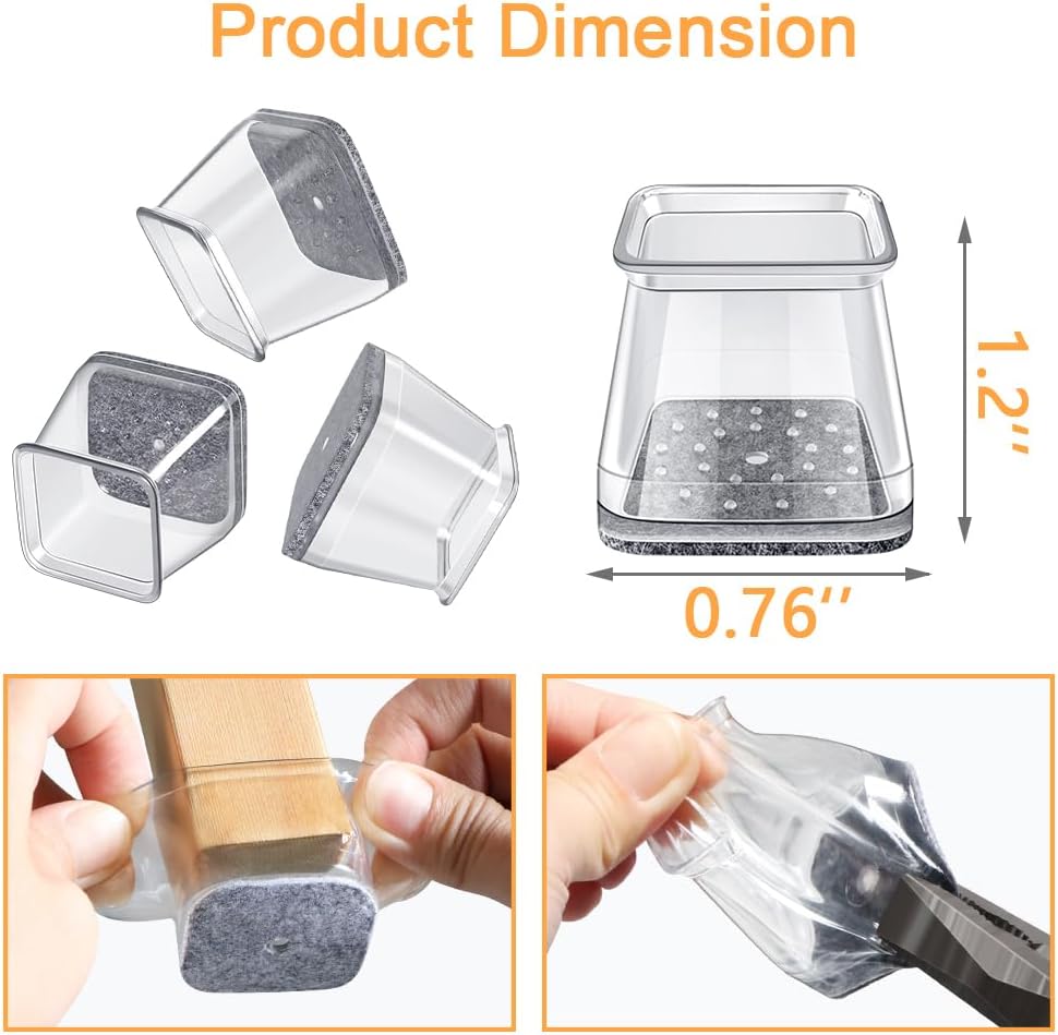 32 Pcs Square Chair Leg Floor Protectors - Silicone & Felt Furniture Pads for Hardwood Floors, Scratch-Resistant Noise-Reducing Chair Leg Caps, Fits Square Legs (1/2'' to 3/4'')