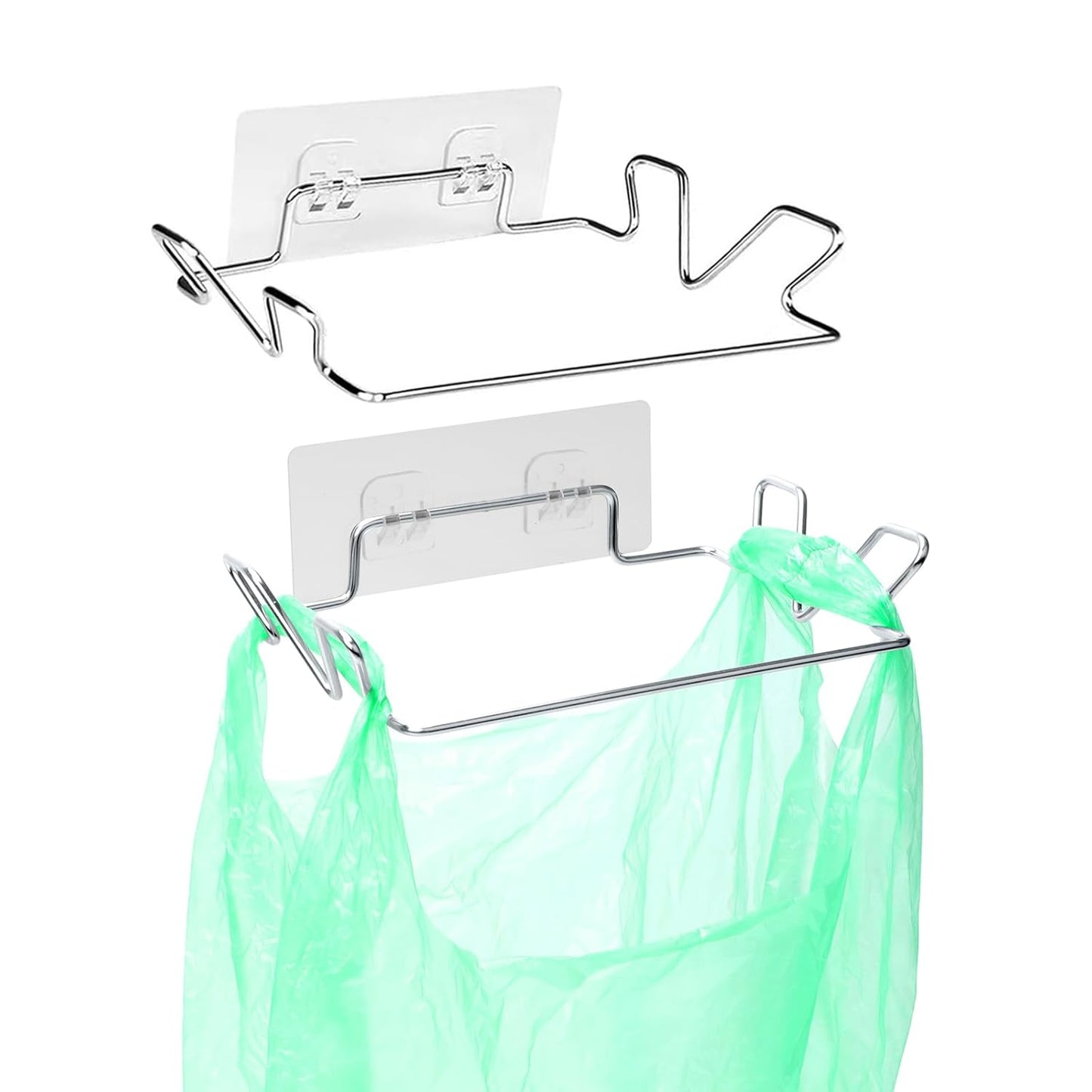 2 Pcs Stainless Steel Trash Bag Holder for Kitchen Cabinets Doors and Cupboards, Under Sink Bag Hanger, Portable Trash can, Waste Bins, Wall Adhesive Hanging Garbage Bins, With Wall Sticker Base