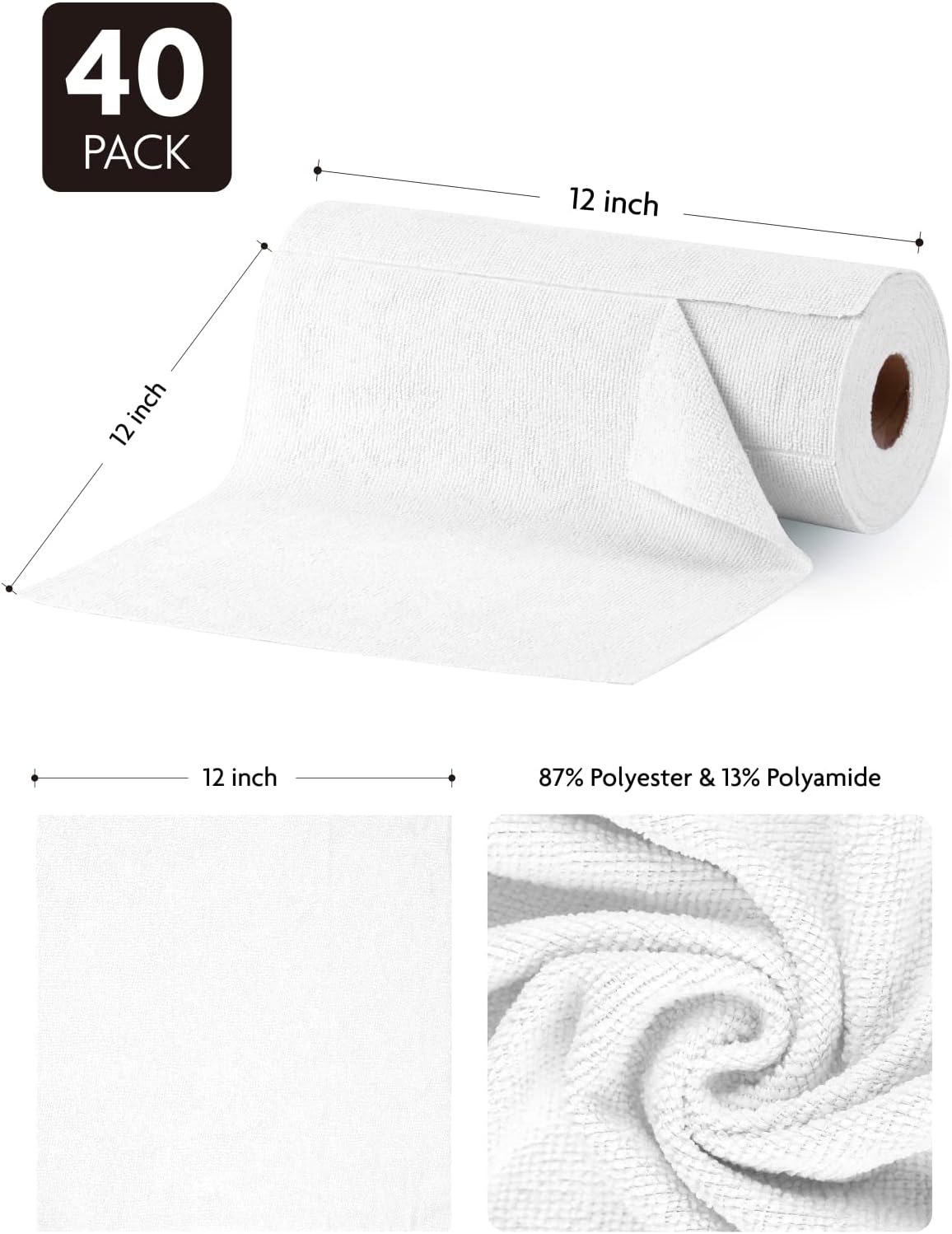 Fantasticlean Microfiber Cleaning Cloth Roll -40 Pack, Tear Away Microfiber Towels, 12" x 12", Reusable, Washable, Scratch Free, Ultra Absorbent Dishcloth for Car, Home Supplies, Pet, Kitchen (White)