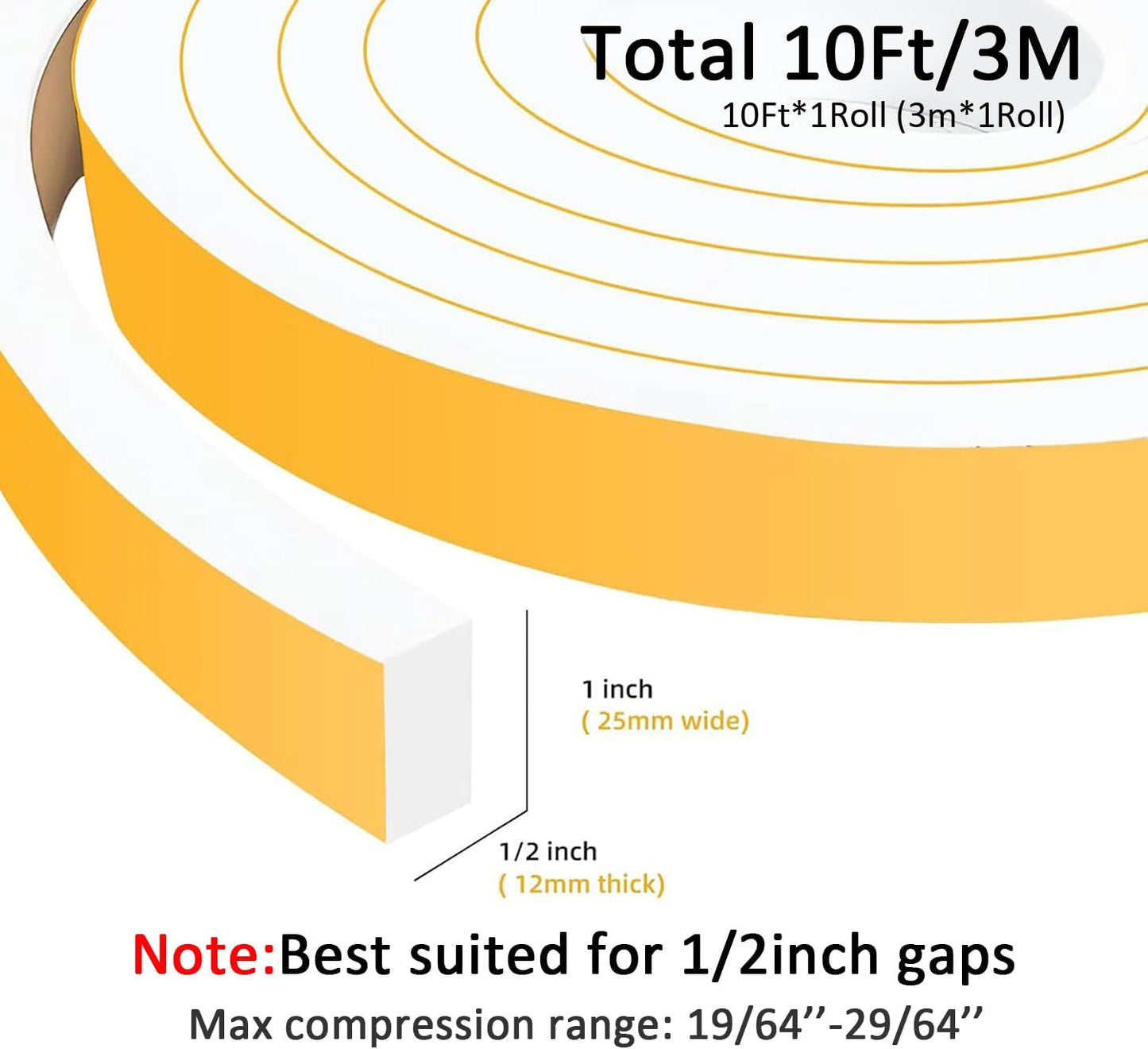 Upgraded Strong Adhesive Foam Weather Stripping Door Seal Insulation Tape for Insulating Door,Window, Air Conditioner Noise-Reduction Self Adhesive Sealing Weatherstrip (1 in x 1/2 in x 10 Ft)