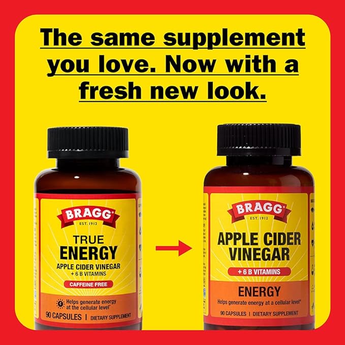 Bragg Energy Apple Cider Vinegar Capsules with B-12 Vitamins - 90 Capsules (2 Pack) – Weight Management - Non-GMO, Vegan, Gluten Free - Helps Generate Energy at Cellular Level for Men and Women