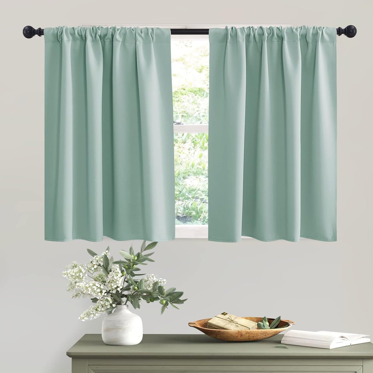 RYB HOME RV Curtains for Camper Windows - Soft Thermal Insulated Small Window Curtain Tiers for Cafe Kitchen Bedroom Basement Glass Door Window, W 42 x L 30 inches, Aqua, 2 Panels