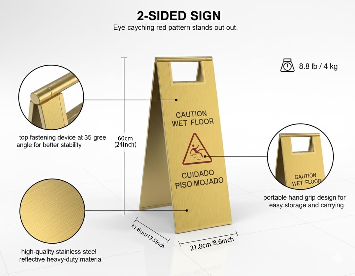 2 Pcs Wet Floor Sign, 24 Inch Gold Stainless Steel Caution Wet Floor Sign Double Sided Foldable Bilingual Commercial Safety Warning for Hotel Market Restroom Restaurant Office