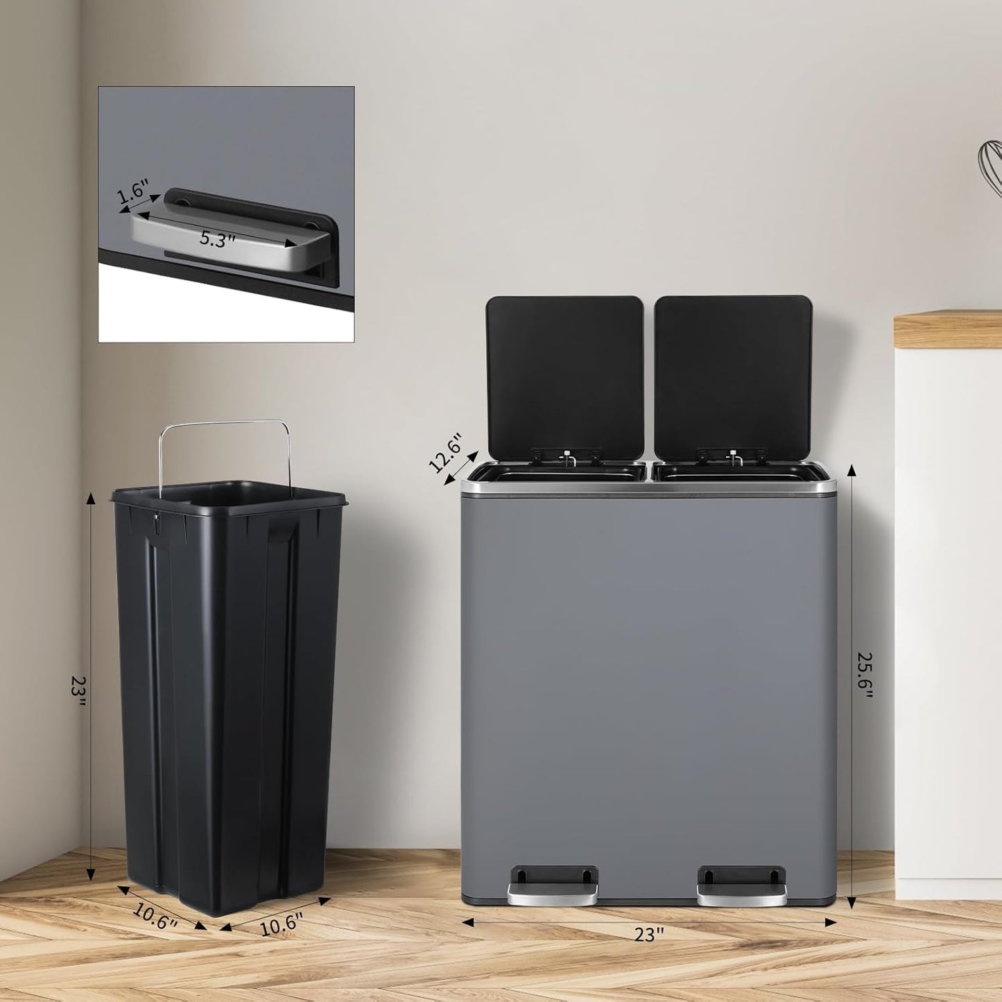 16 Gallon Rectangular Stainless Steel Trash Can, Dual Compartment Garbage Bin with Recycling Combo, Metal Dustbin Lid, Removable Liner, Indoor Hands Free Waste Bucket for Kitchen Home