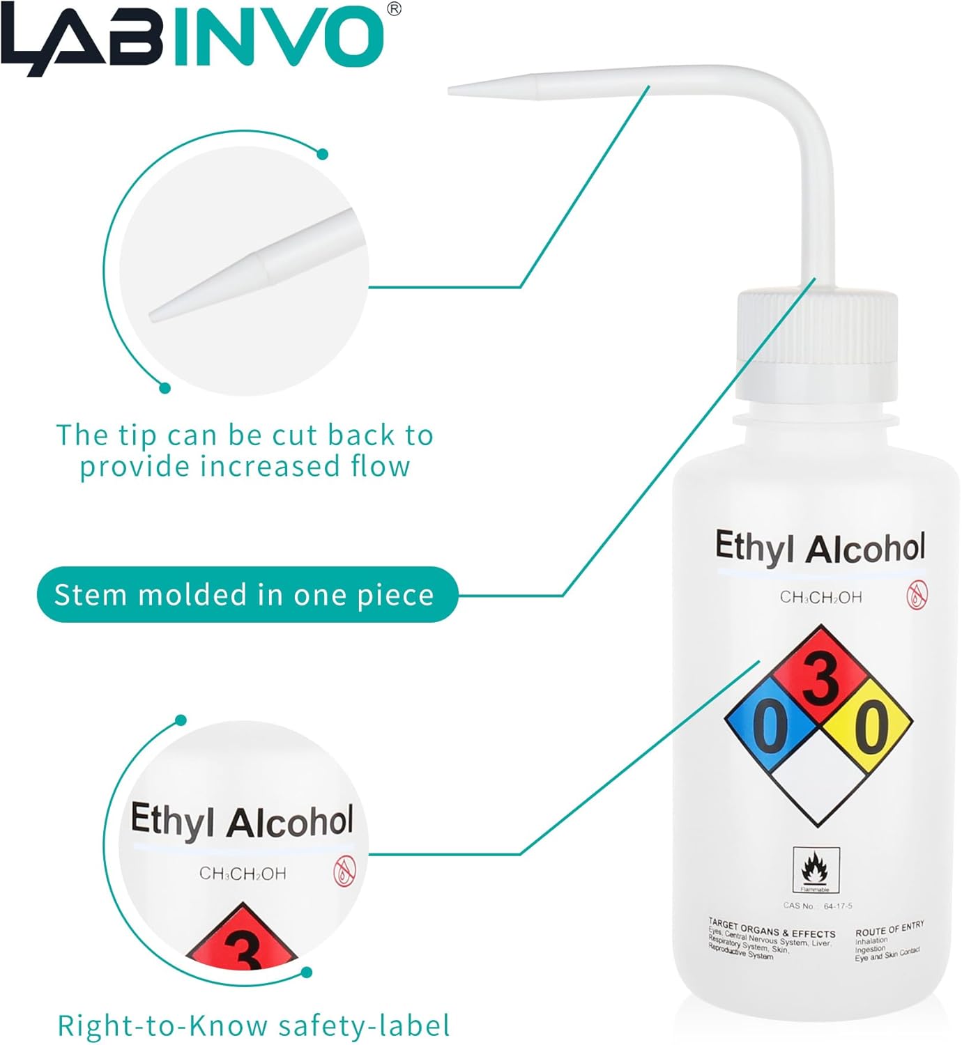 4PCS of Ethyl Alcohol Wash Bottles, Vol.500ml (17oz), Narrow Mouth, Self-Venting Safety Wash Bottle, LDPE Material, IN-WBE500