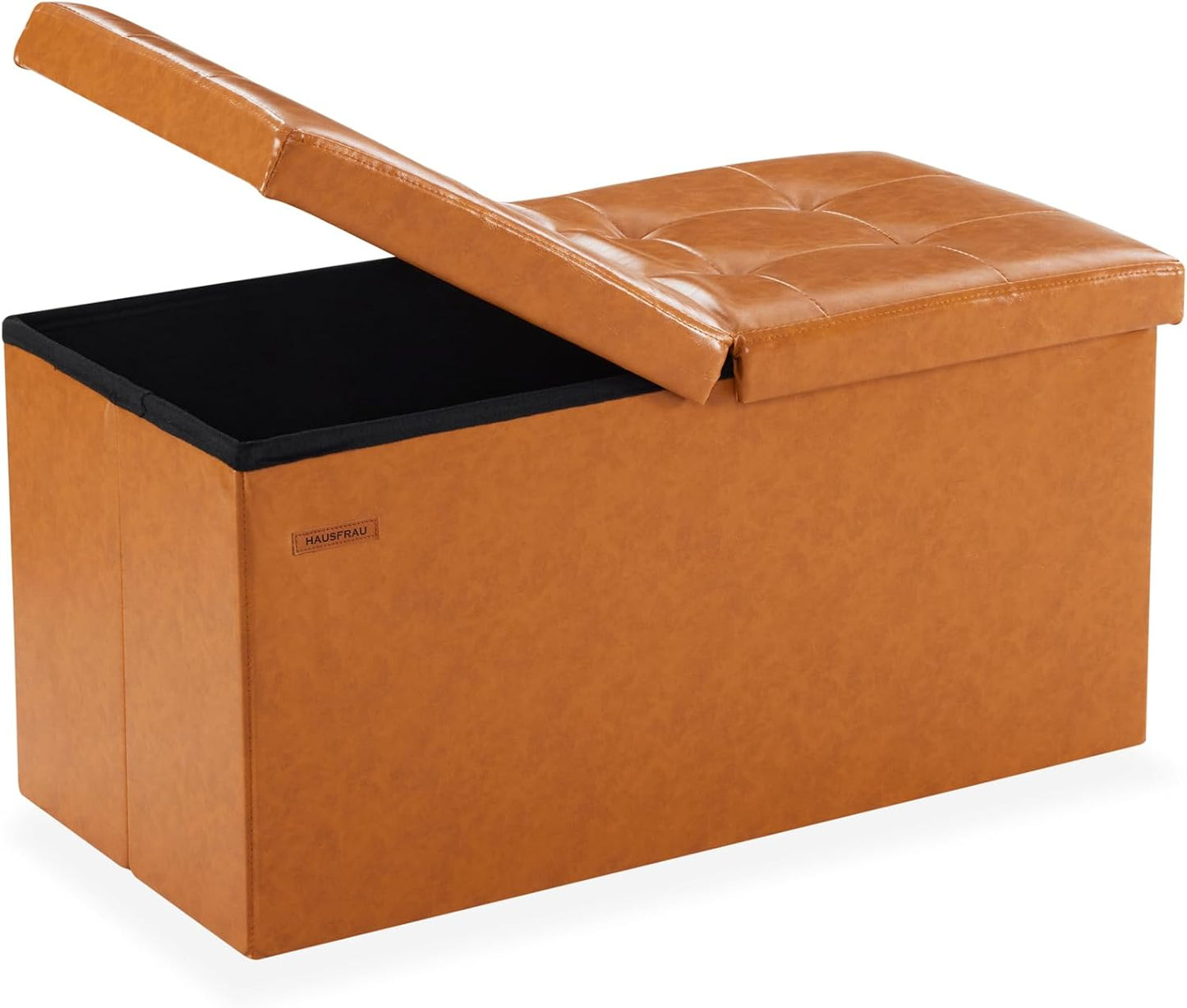 HAUSFRAU - 30 Inches Storage Ottoman Bench with Flipping Lid, Foldable Storage Chest Foot Rest for Living Room, Bedroom, Entryway, Load 660 lb, Synthetic Leather, Cognac Brown