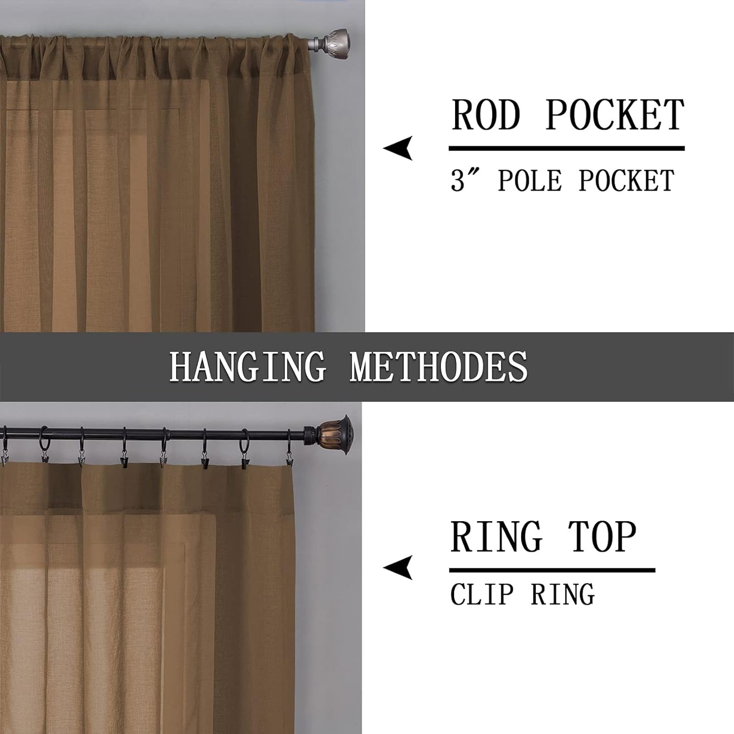 Tollpiz Sheer Curtain Linen Textured Bedroom Curtains Sheer Light Filtering Rod Pocket Voile Curtain for Living Room, 54 x 95 inches Long, Brown, Set of 2 Panels