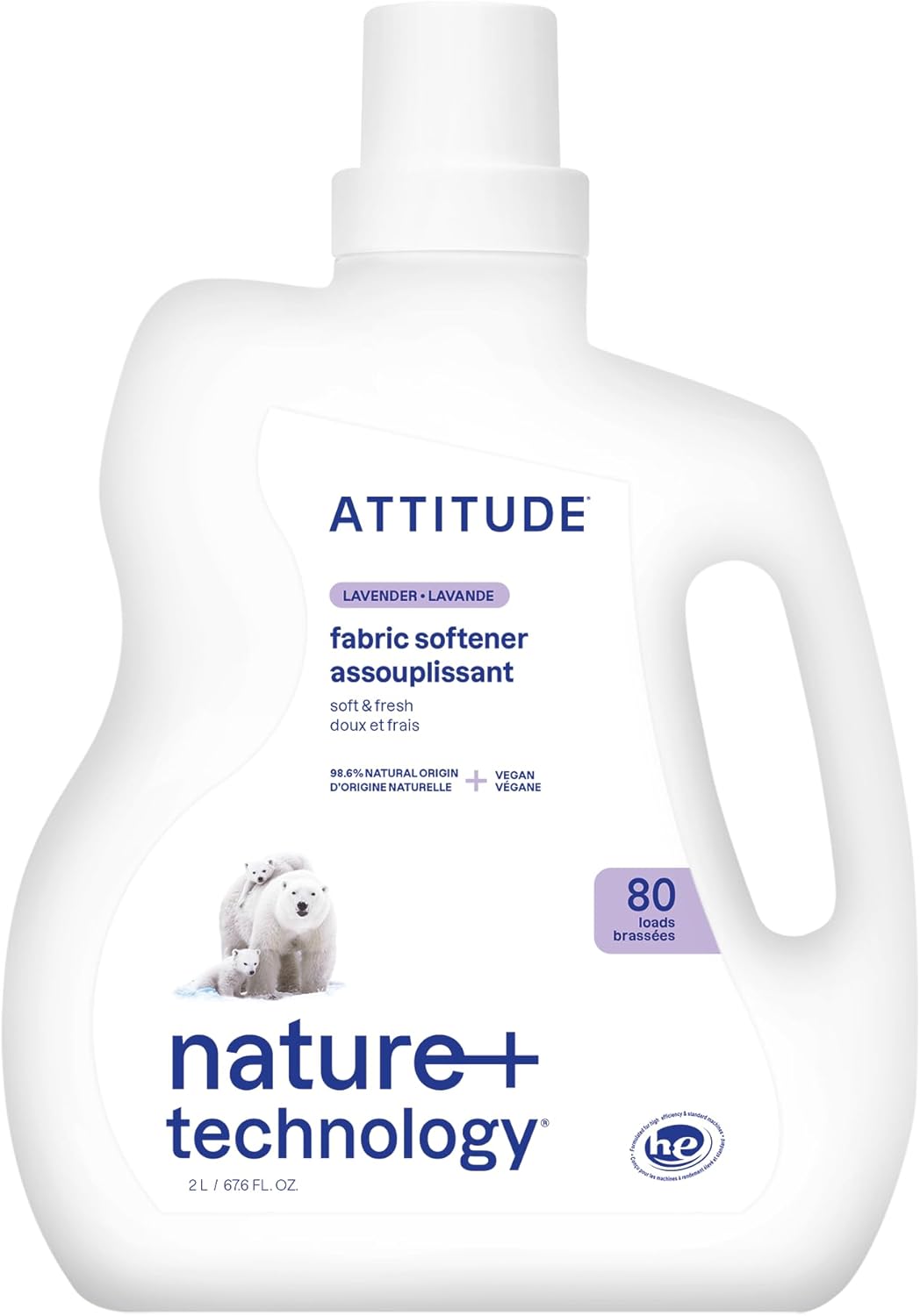 ATTITUDE Liquid Fabric Softener, Plant-Based & Vegan, HE Compatible, Naturally Derived, Lavender Scent, 80 Loads, 67.6 Fl Oz