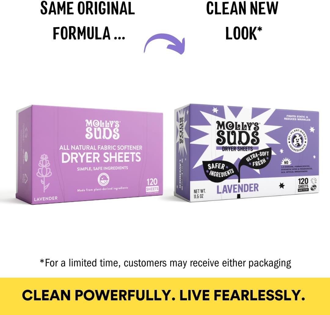 Molly's Suds Fabric Softener Dryer Sheets for Sensitive Skin | Plant-Based Static Reducer, Plastic-Free Packaging | Bundle of 2, Lavender (240 Sheets Total)