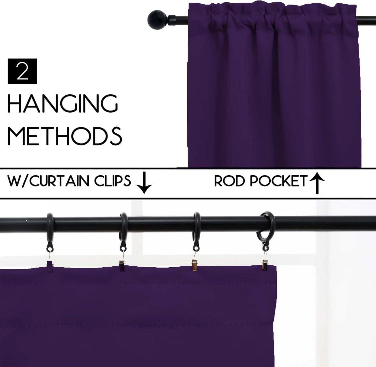 Pickluc Rod Pocket Tier Curtain - Half Blackout Curtain for Kitchen, Bathroom, Cabinet, Basement, 42 Inches Wide and 24 Inches Long, Purple, 2 Panels