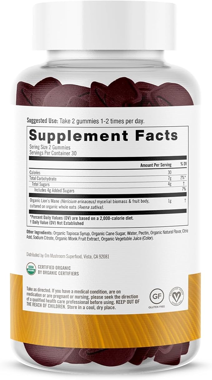 OM Mushroom Superfood Lion's Mane Gummies, 60 Count, 30 Servings, USA Grown Organic Mushrooms, Organic Nootropic Gummies for Memory, Focus and Mood