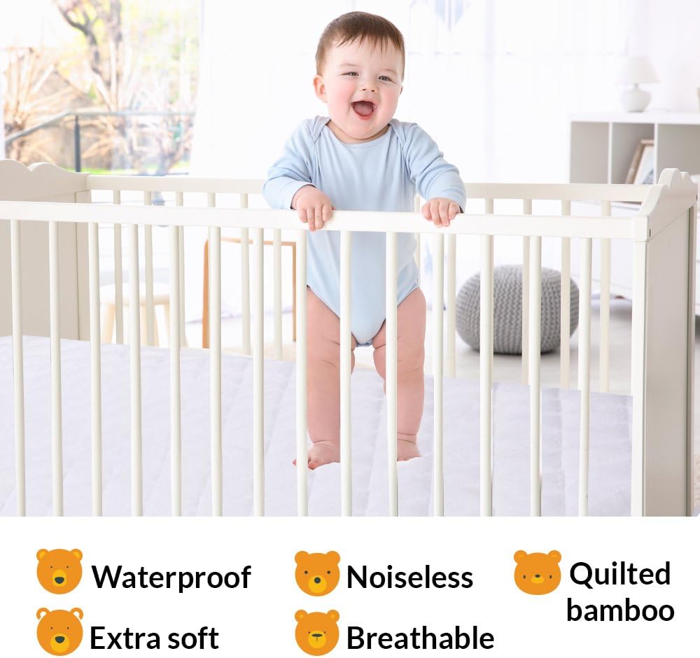 Mini Crib Mattress Protector 100% Waterproof, Noiseless – Viscose Made from Quilted Ultra Soft White Terry Fitted Sheet Style (27”X39”)