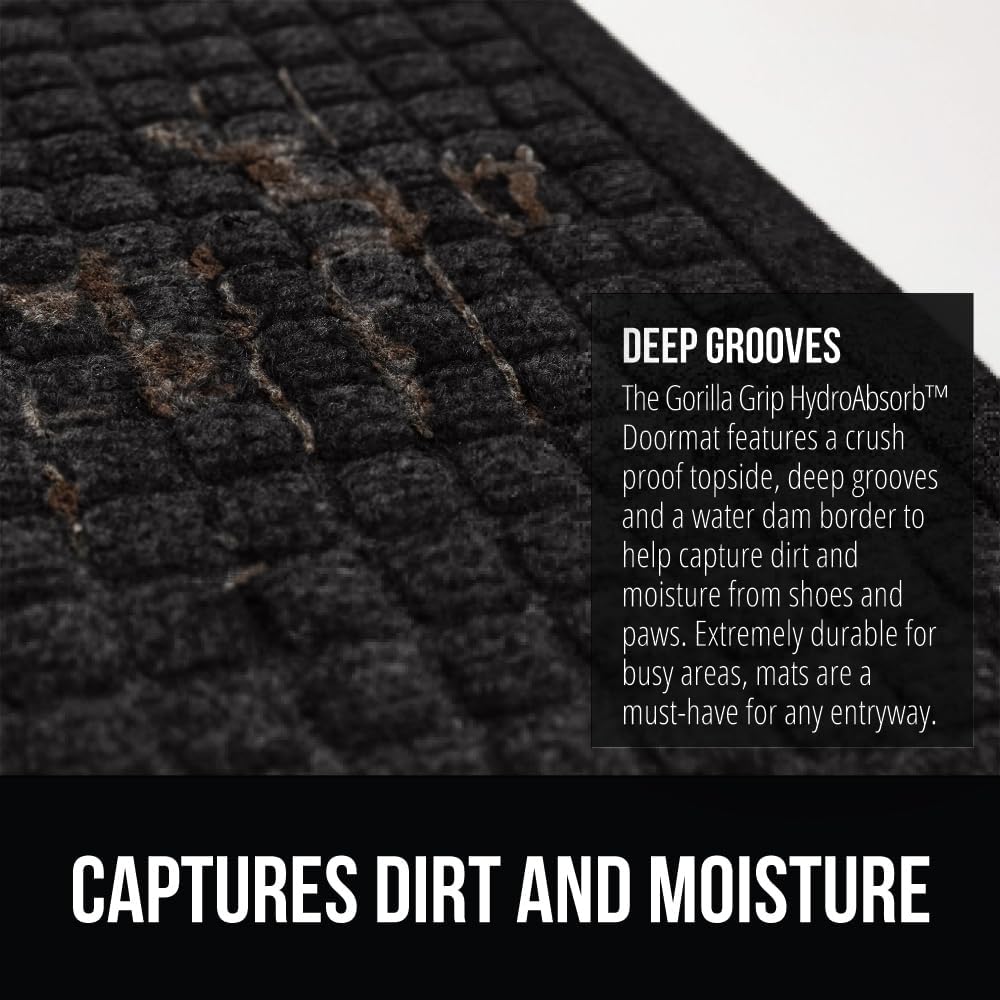 GORILLA GRIP Front Door Mat, 35x23, Indoor Outdoor Ultra Absorbent HydroAbsorb Doormat, Absorbs Up to 5.7 Cups of Water, Stain and Fade Resistant, Rubber Backing Doormats, Captures Dirt, Black