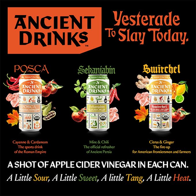 ANCIENT DRINKS Apple Cider Vinegar Beverage with Electrolytes, Vitamins, & Probiotics, Organic, Super-Hydrating Sports Drink - Mixed Pack (Posca, Switchel, Sekanjabin) - 16 fl oz (12 cans)