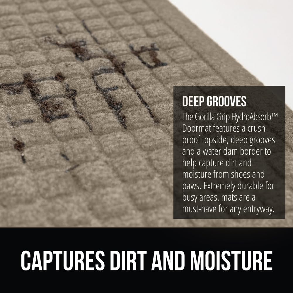 GORILLA GRIP Front Door Mat, 47x35, Indoor Outdoor Ultra Absorbent HydroAbsorb Doormat, Absorbs Up to 6 Cups of Water, Stain and Fade Resistant, Rubber Backing Doormats, Captures Dirt, Beige