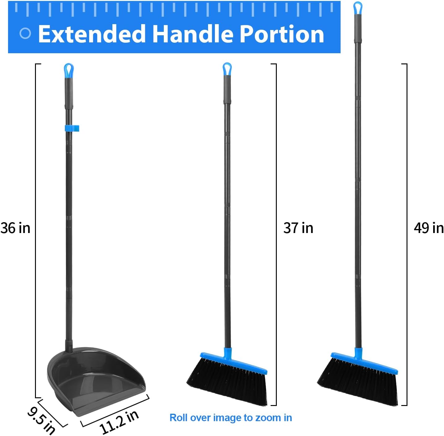Broom and Dustpan Set ，Long Handle Broom with Upright Standing Dust pan for Indoor Outdoor Home Kitchen Office Floor Cleaning