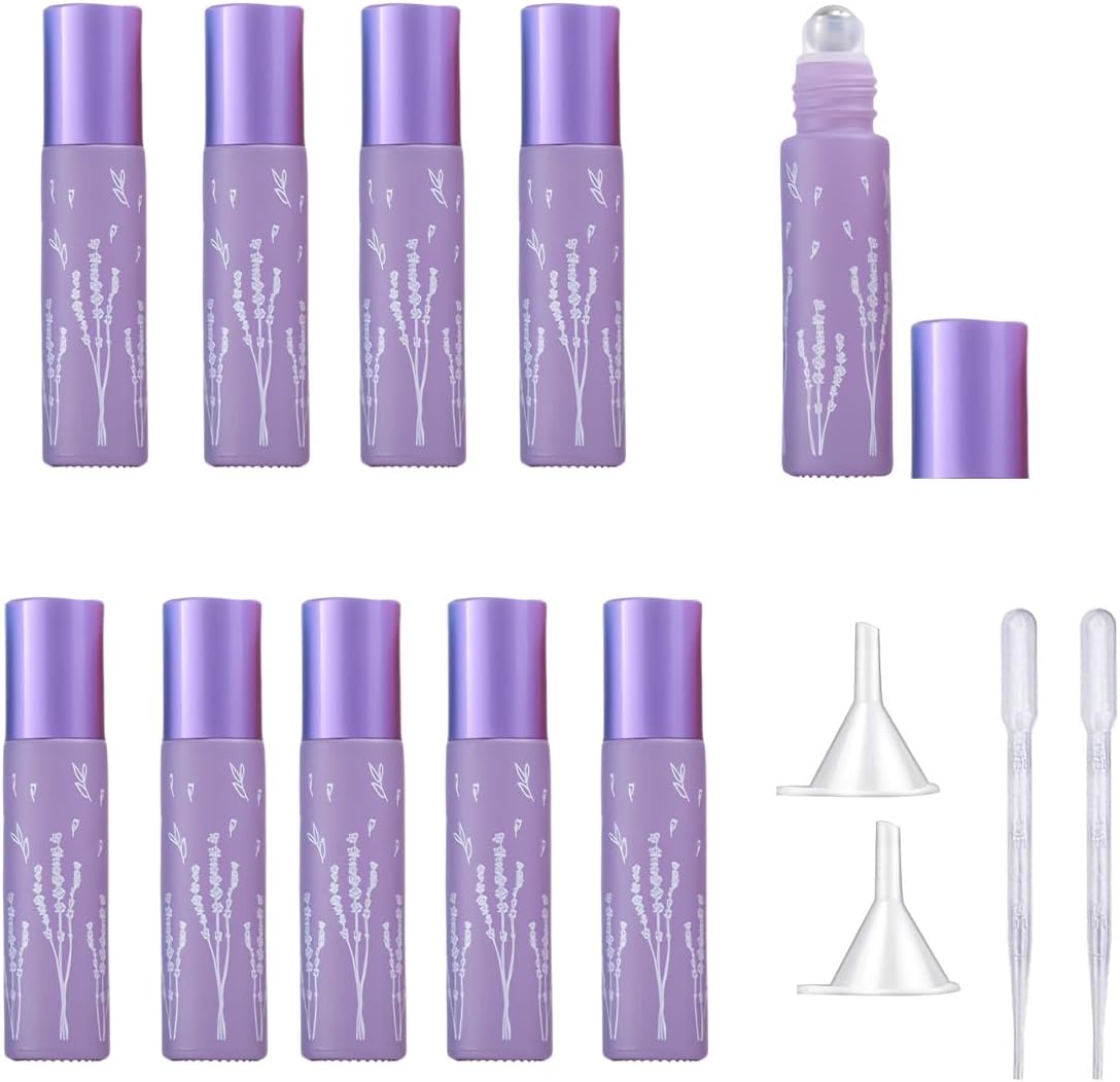 10 Pcs Purple Glass Essential Oil Roller Bottles, 10ml Refillable Roll-on Bottles with Stainless Steel Roller Balls for Essential Oils, Perfume, Lip Gloss, Lip Balms