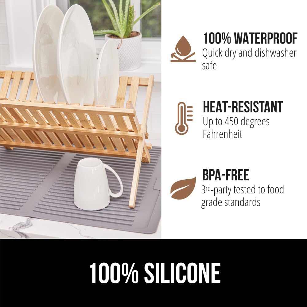 GORILLA GRIP 100% BPA-Free Patented Silicone Dish Drying Mat for Kitchen Counter, Water Catching Ribbed Design, Easy Clean Waterproof Sink Liner, Heat Resistant, Fits Under Rack, 16x12 Inch, Gray