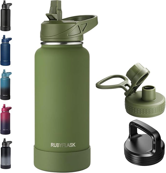 32oz Insulated Water Bottle with Straw, Stainless Steel Metal Vacuum Water Flask, Large Thermal Water bottle with Leakproof 3 Lids for Travel, Camping, Gym Sports Armygreen